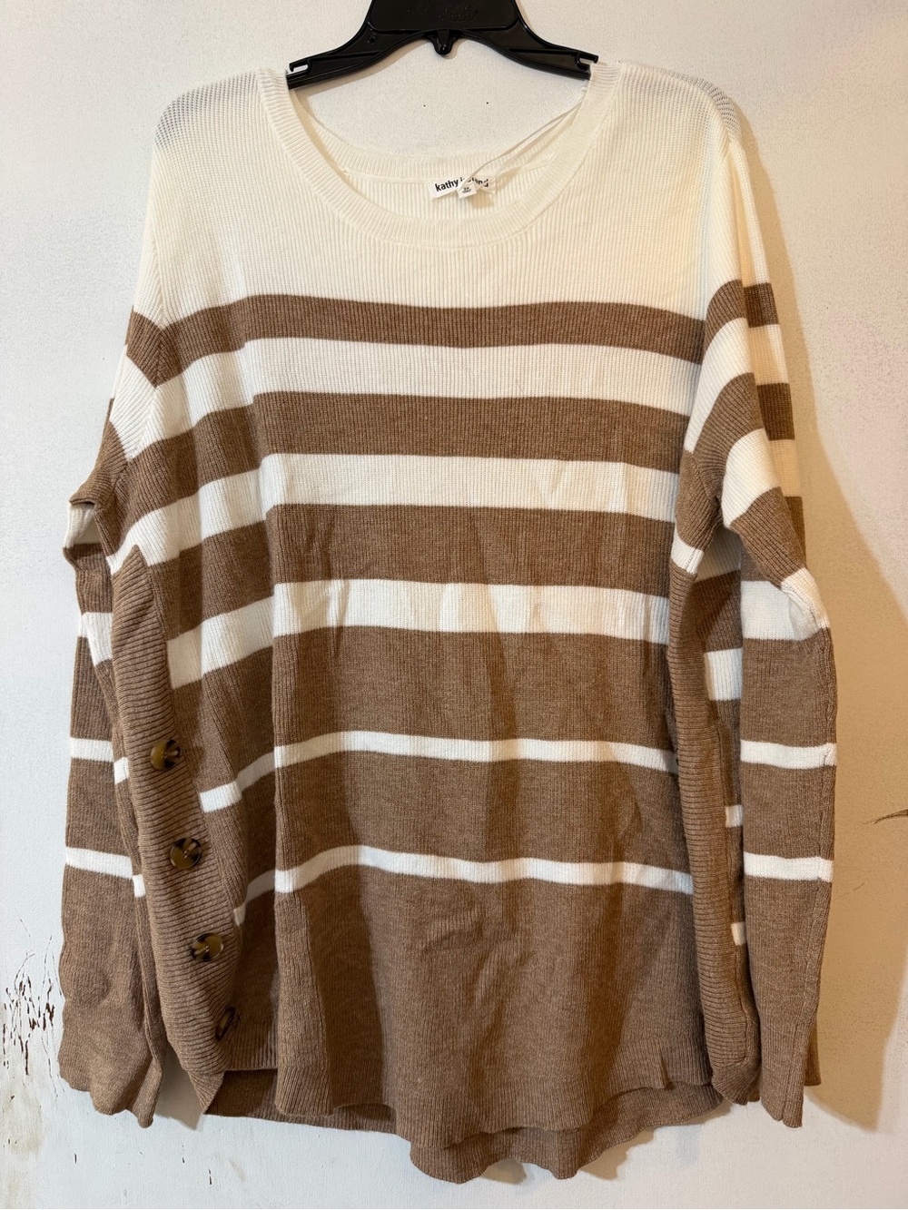 kathy ireland Cream and Brown Striped Lightweight Sweater